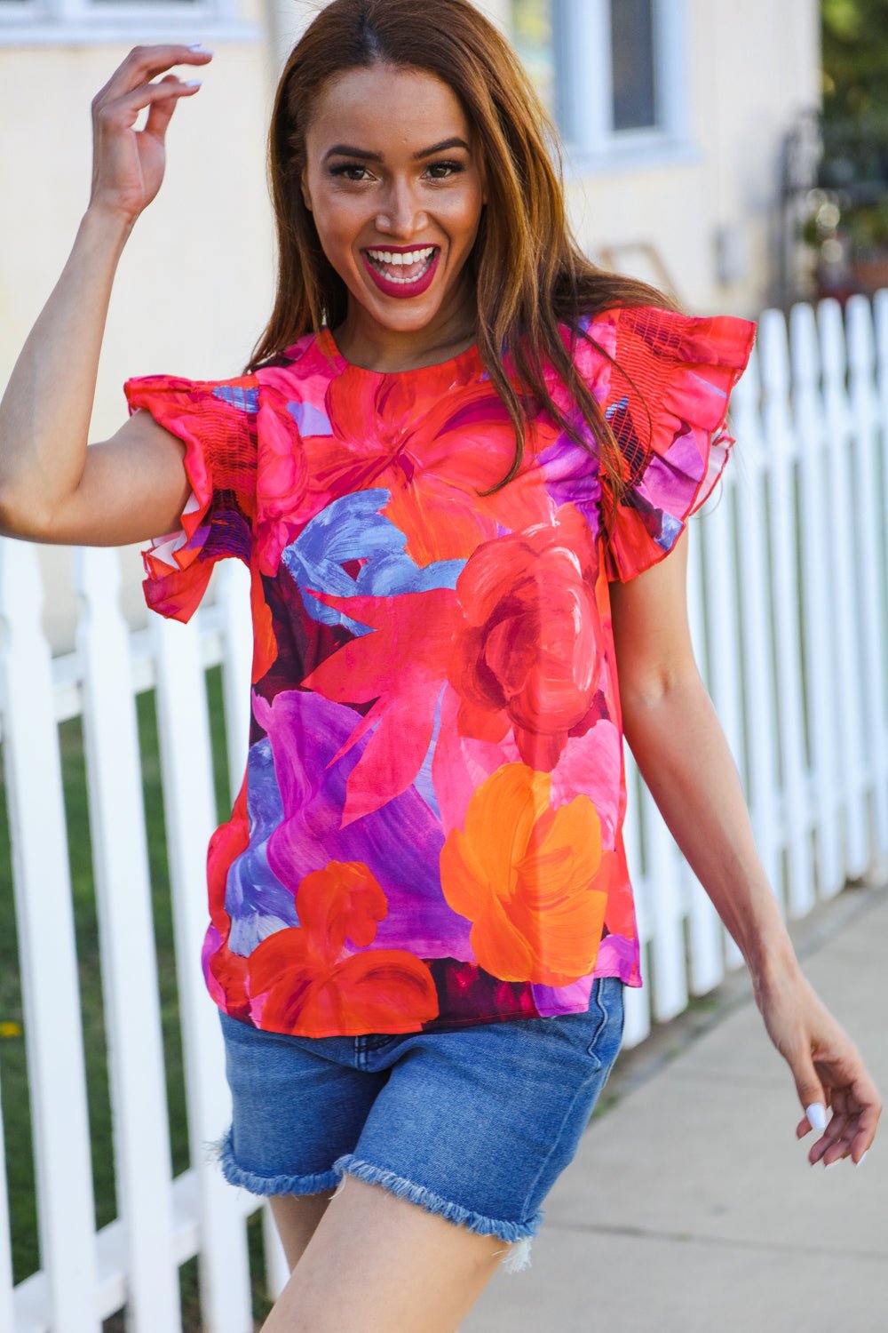 Look of Love Red & Fuchsia Floral Smocked Ruffle Frill Sleeve Top - Bitsy Gypsy Boutique