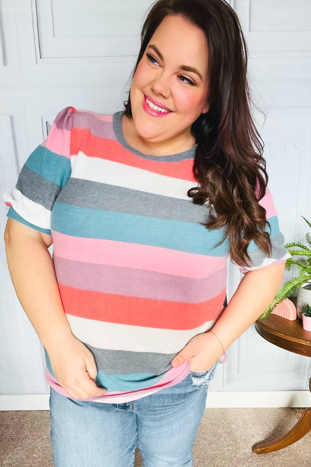 Look Out Teal & Rose Striped Hacci Knit Puff Sleeve Top - Bitsy Gypsy Boutique