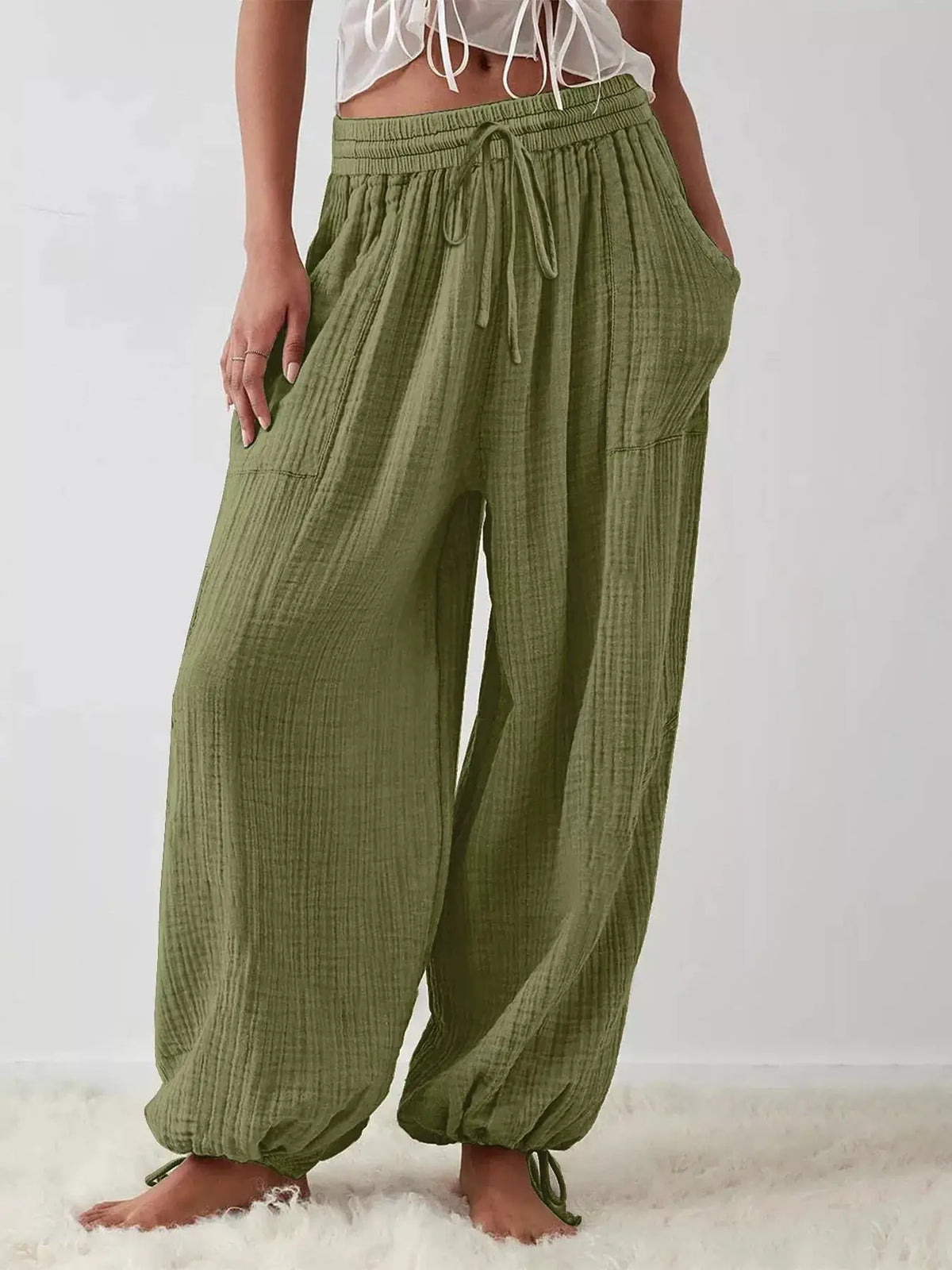 Loose Fit Gauze Drawstring Pants by Trendsi