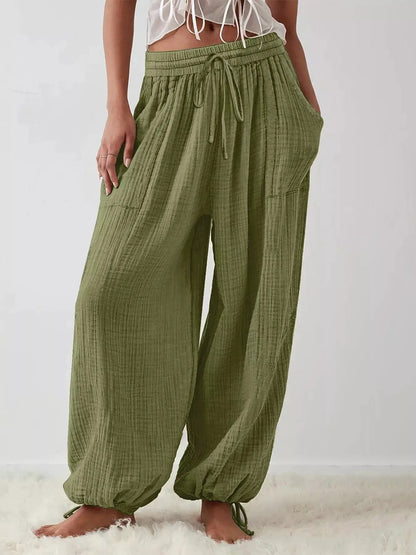 Loose Fit Gauze Drawstring Pants by Trendsi