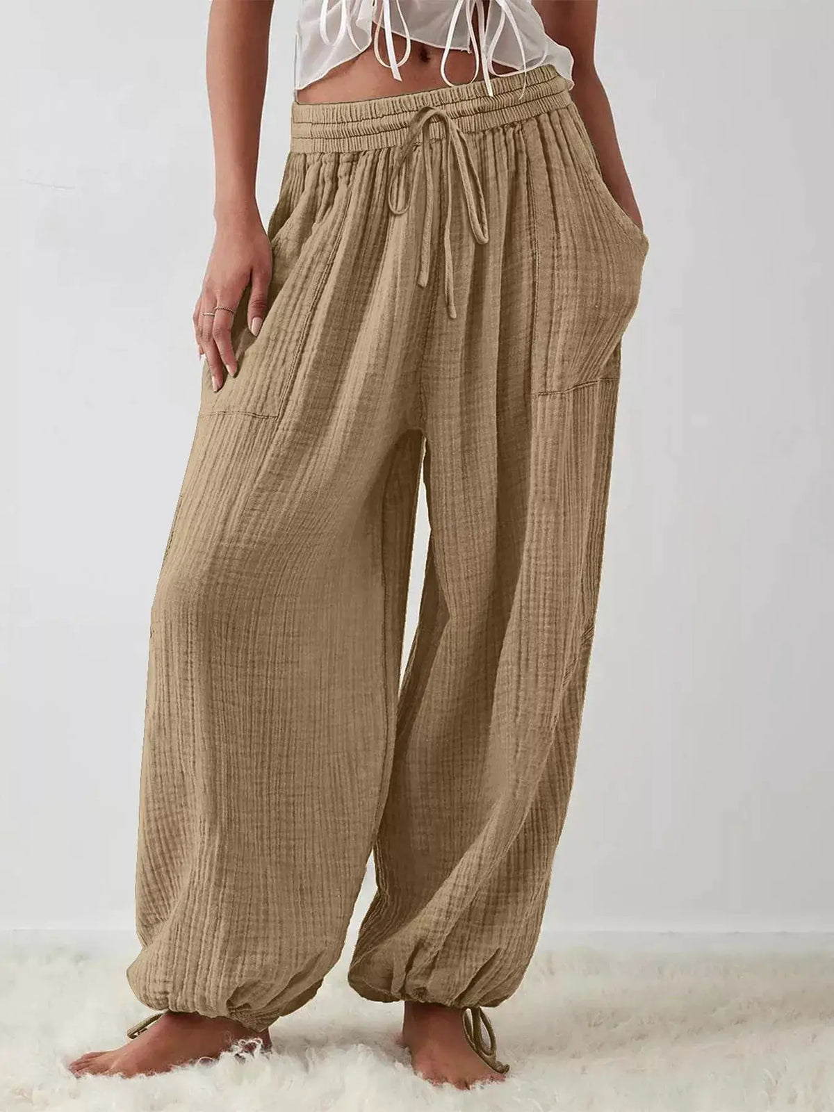 Loose Fit Gauze Drawstring Pants by Trendsi
