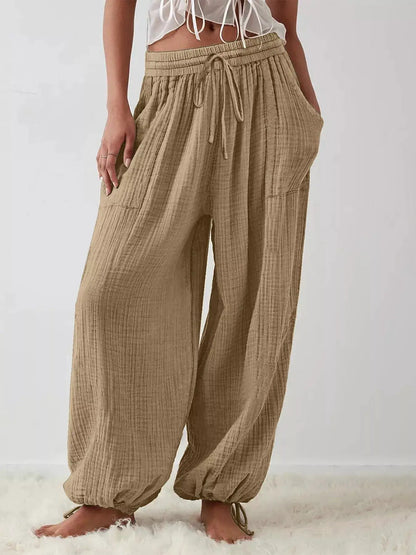 Loose Fit Gauze Drawstring Pants by Trendsi