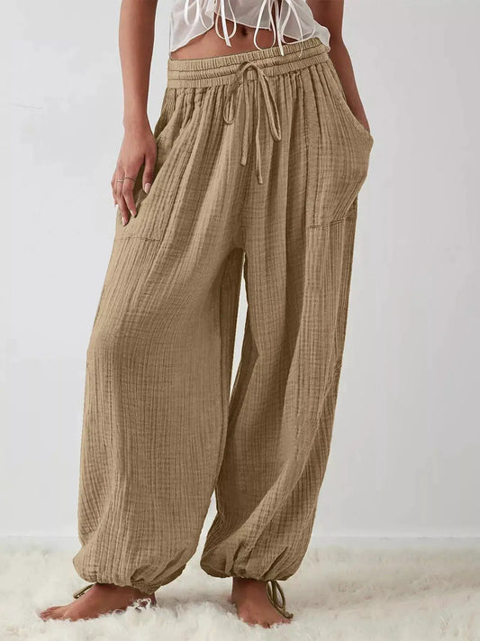 Loose Fit Gauze Drawstring Pants by Trendsi