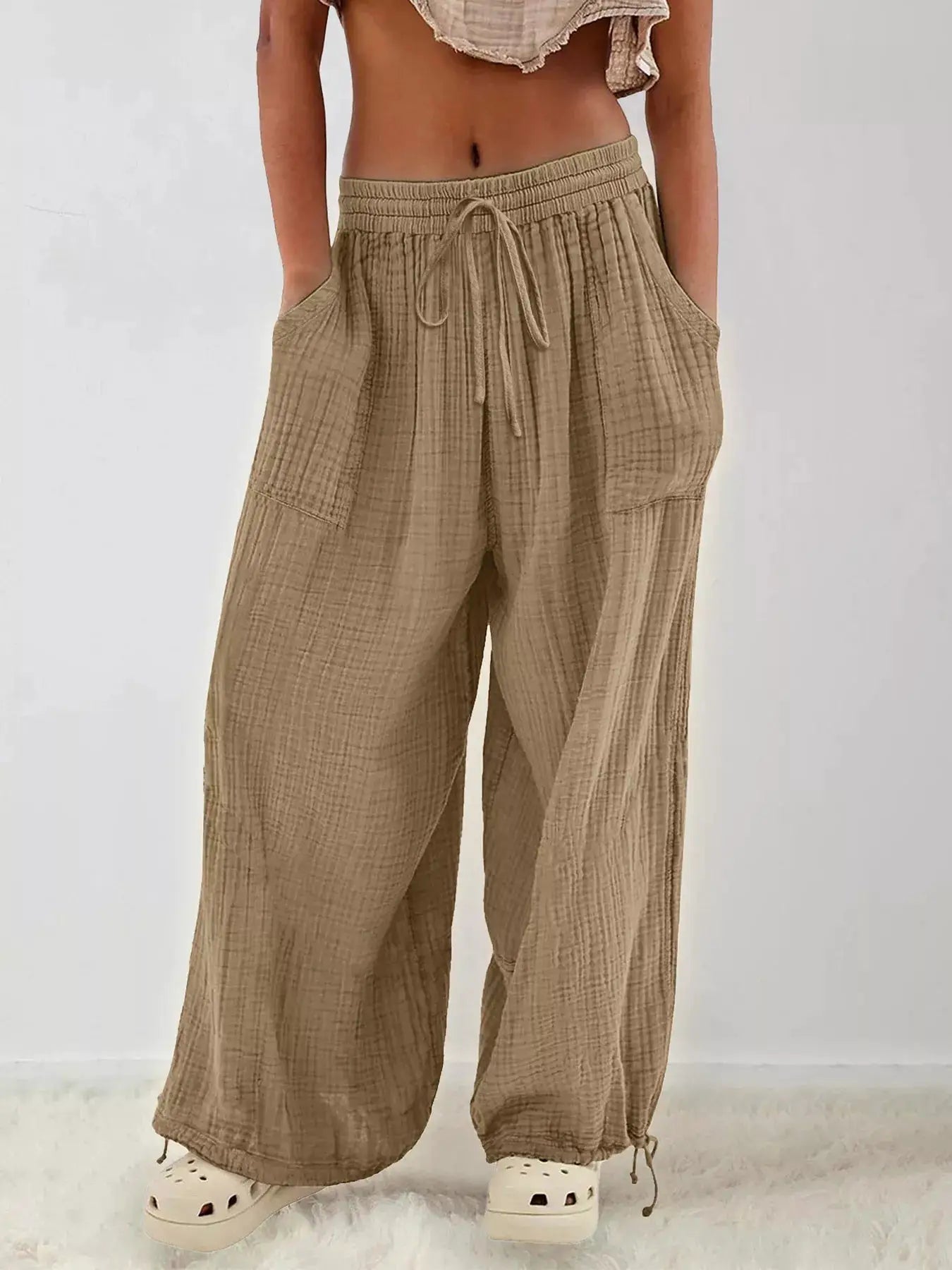 Loose Fit Gauze Drawstring Pants by Trendsi