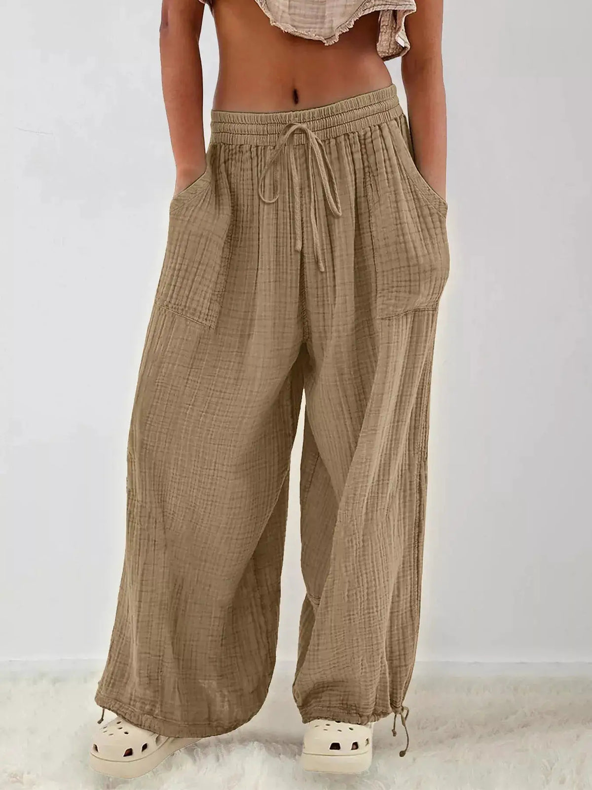 Loose Fit Gauze Drawstring Pants by Trendsi