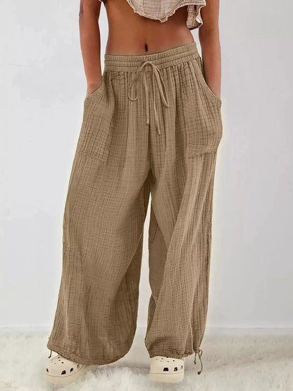 Loose Fit Gauze Drawstring Pants by Trendsi