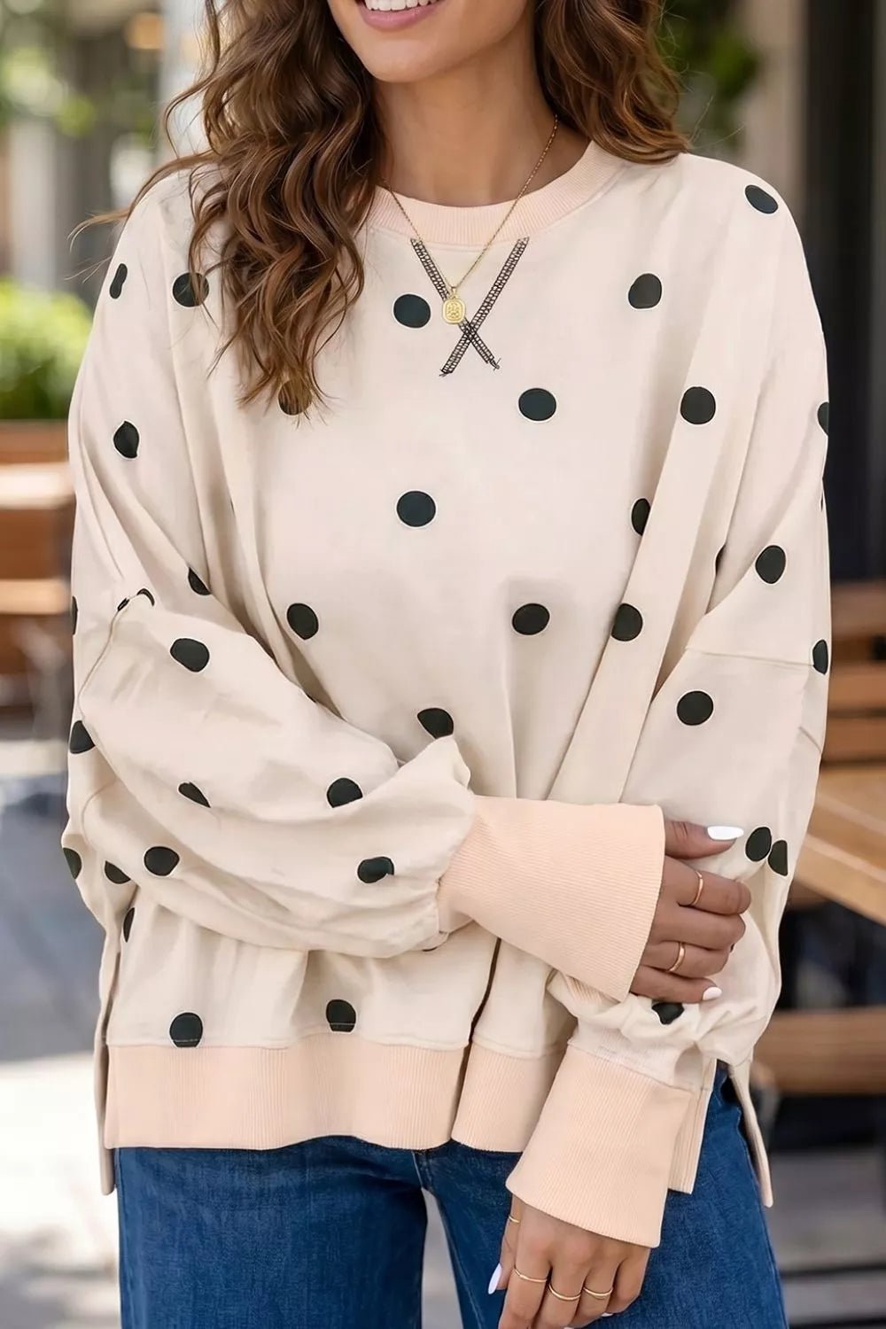 Loose-fit Long Sleeve Round Neck Polka Dot Tunic Sweatshirt - Bitsy Gypsy Boutique