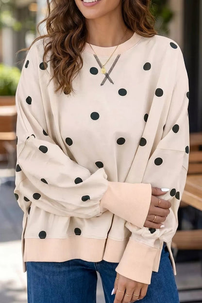 Loose-fit Long Sleeve Round Neck Polka Dot Tunic Sweatshirt - Bitsy Gypsy Boutique
