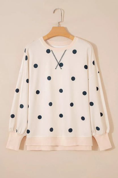 Loose-fit Long Sleeve Round Neck Polka Dot Tunic Sweatshirt - Bitsy Gypsy Boutique