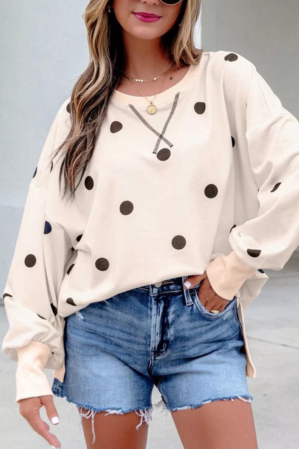 Loose-fit Long Sleeve Round Neck Polka Dot Tunic Sweatshirt - Bitsy Gypsy Boutique