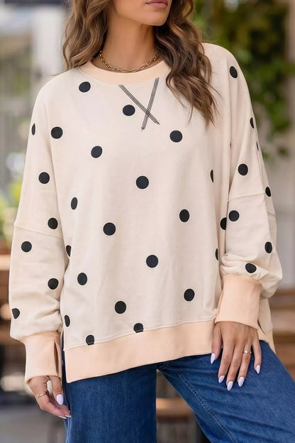 Loose-fit Long Sleeve Round Neck Polka Dot Tunic Sweatshirt - Bitsy Gypsy Boutique