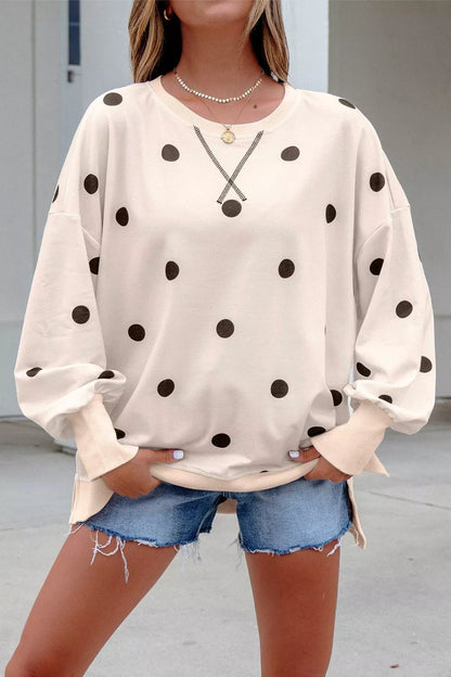 Loose-fit Long Sleeve Round Neck Polka Dot Tunic Sweatshirt - Bitsy Gypsy Boutique