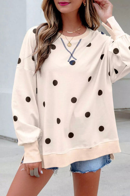 Loose-fit Long Sleeve Round Neck Polka Dot Tunic Sweatshirt - Bitsy Gypsy Boutique