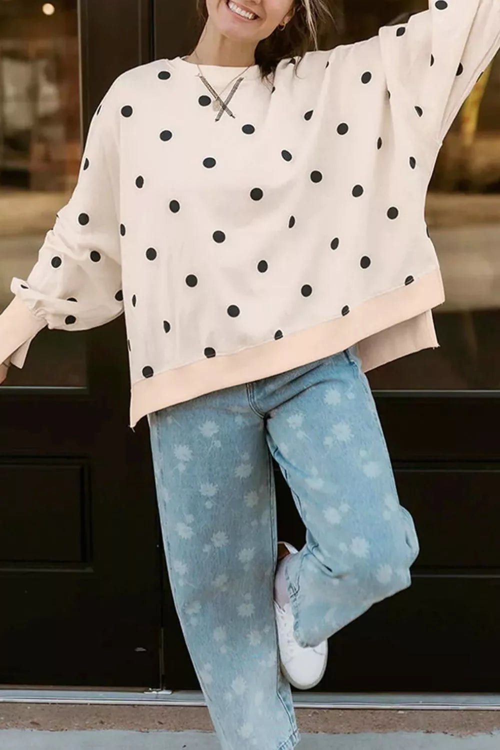 Loose-fit Long Sleeve Round Neck Polka Dot Tunic Sweatshirt - Bitsy Gypsy Boutique
