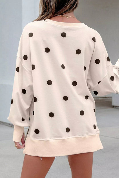 Loose-fit Long Sleeve Round Neck Polka Dot Tunic Sweatshirt - Bitsy Gypsy Boutique