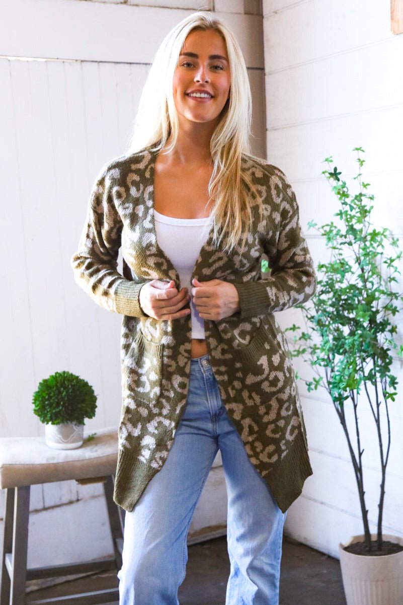 Lounging in Leopard Olive Cardigan - Bitsy Gypsy Boutique