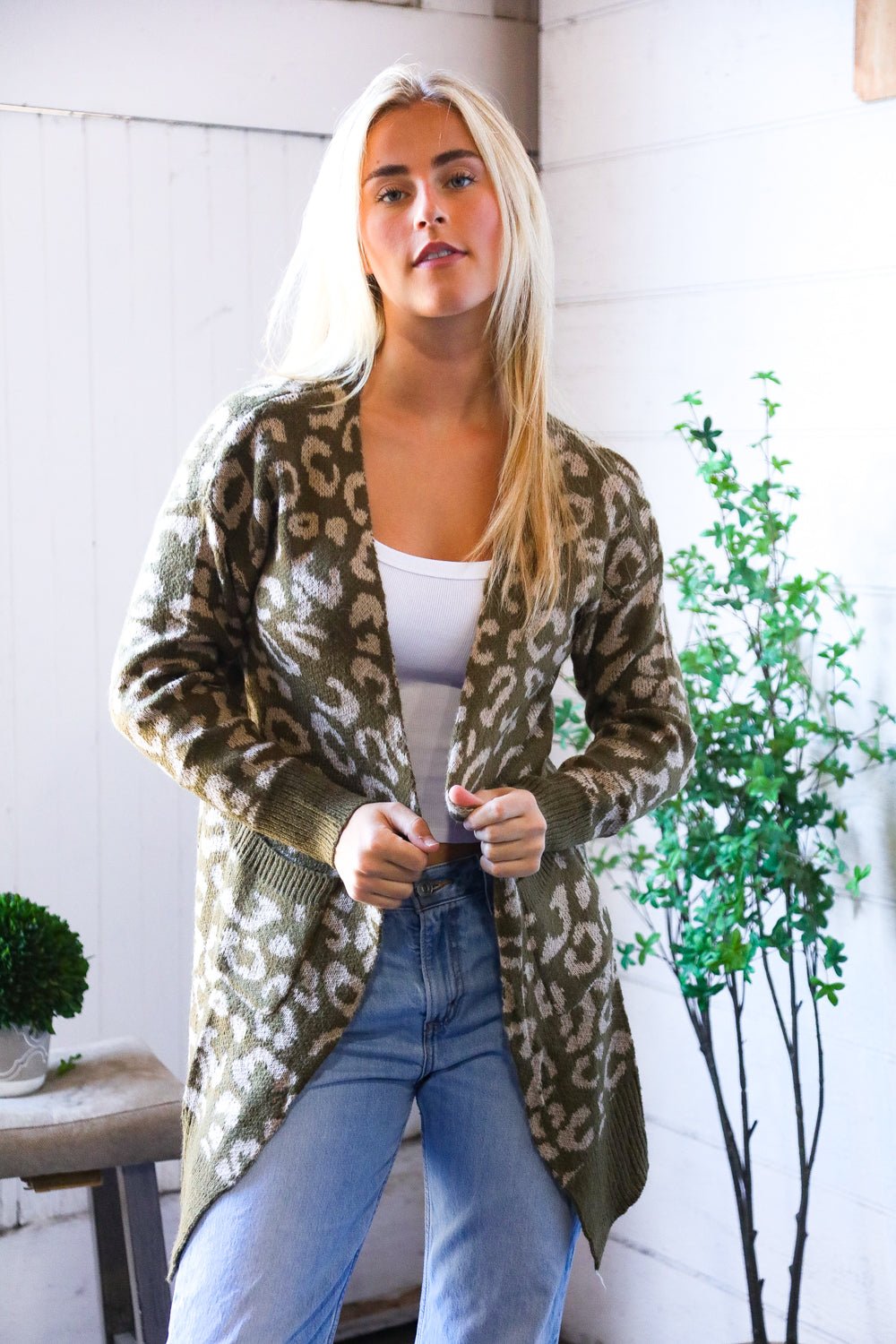 Lounging in Leopard Olive Cardigan - Bitsy Gypsy Boutique
