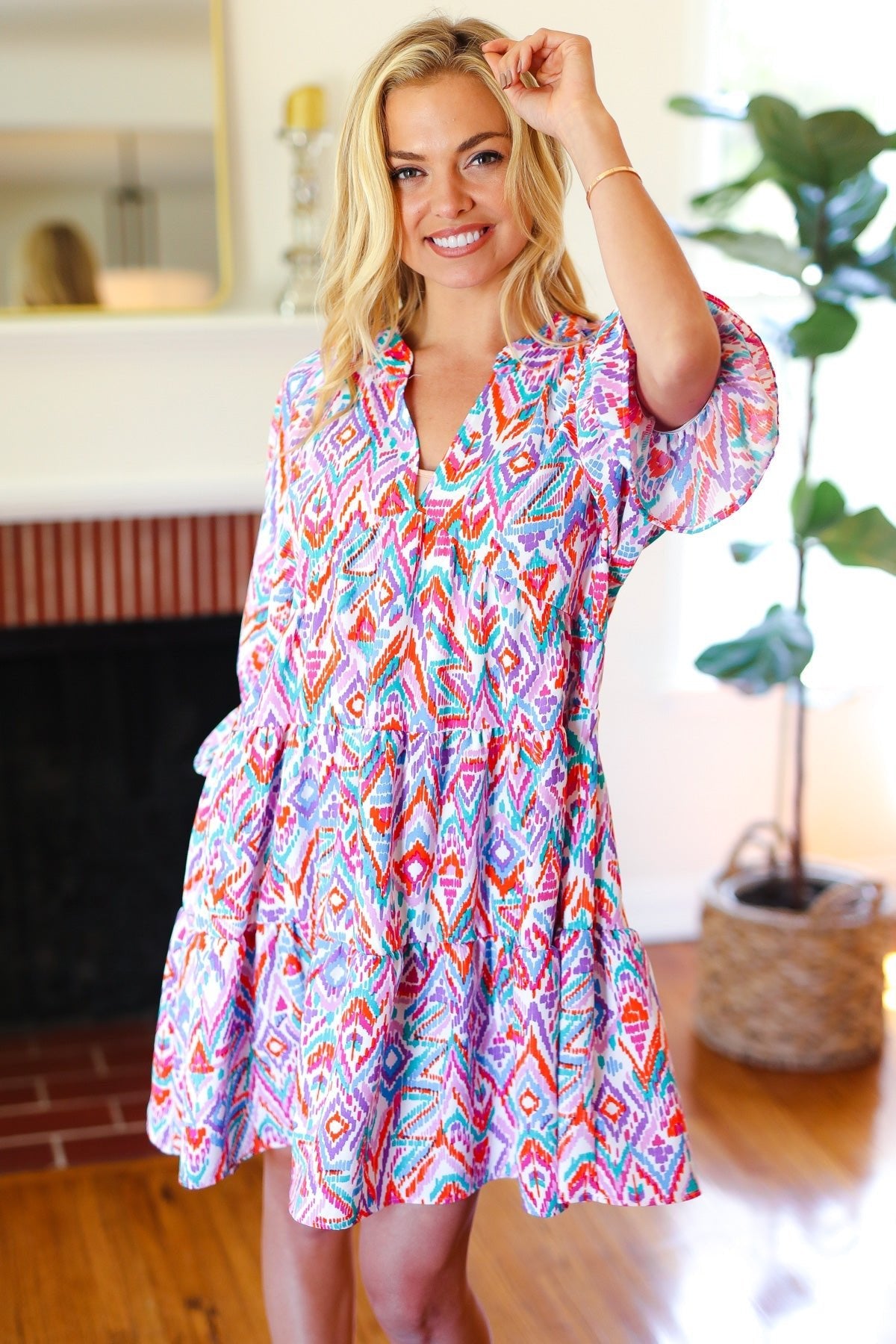 Love Found Blue & Lavender Ikat Print V Neck Dress - Bitsy Gypsy Boutique