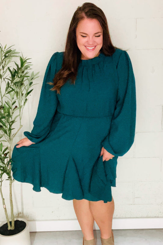 Love Found Hunter Green Mock Neck Godet Woven Dress - Bitsy Gypsy Boutique