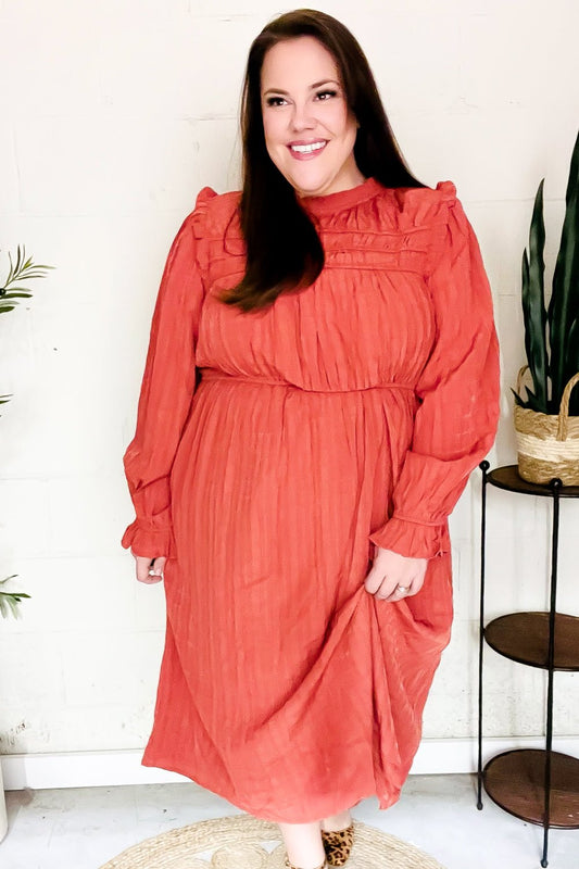 Love Found Rust Mock Neck Embossed Lined Dress - Bitsy Gypsy Boutique