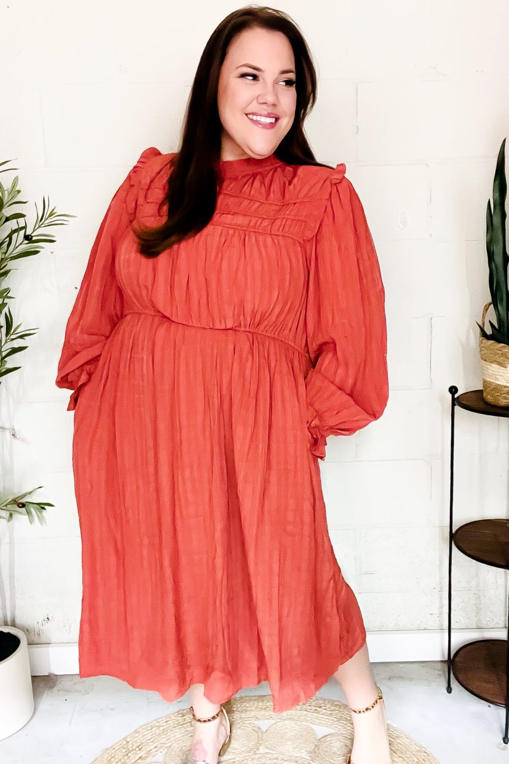 Love Found Rust Mock Neck Embossed Lined Dress - Bitsy Gypsy Boutique