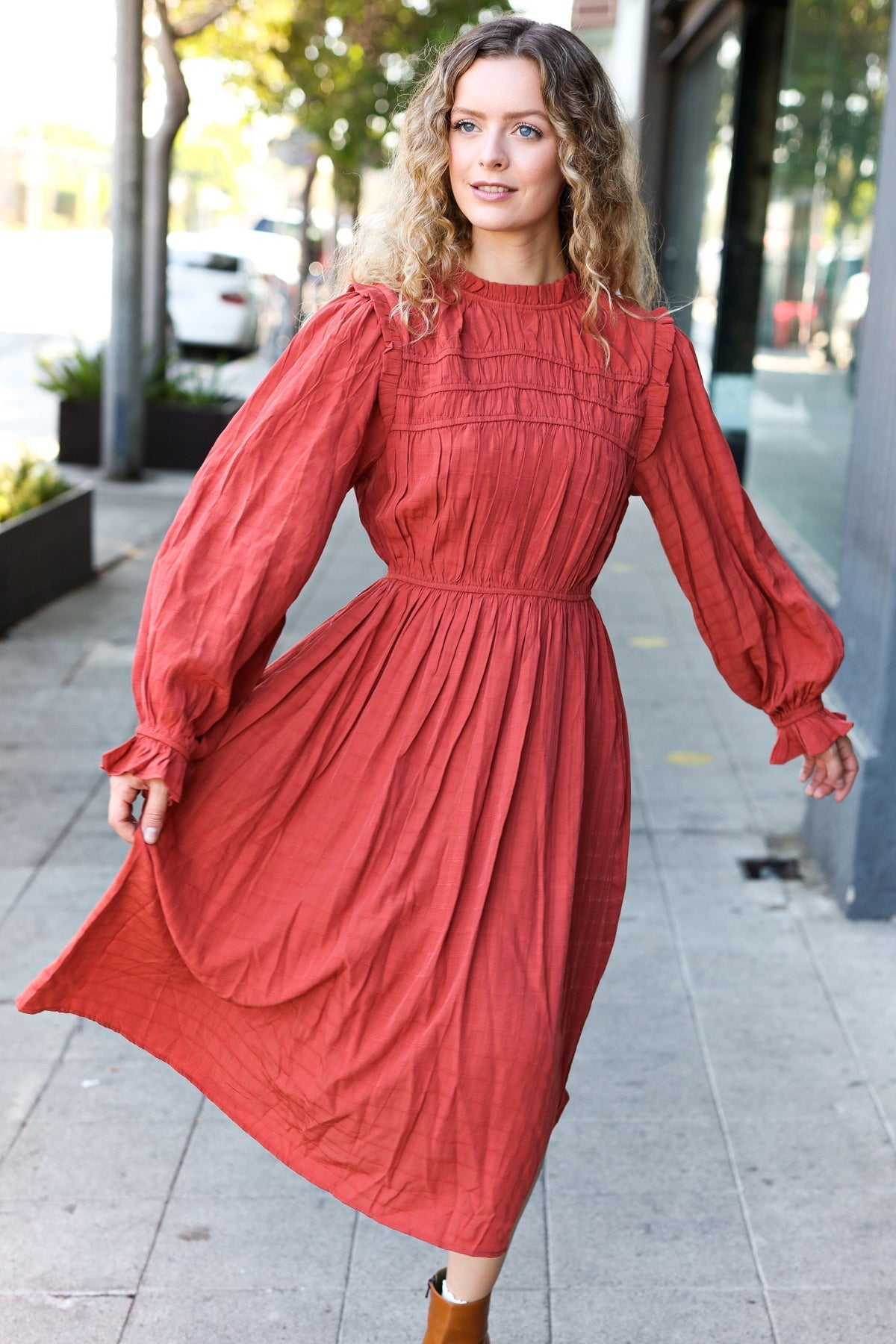 Love Found Rust Mock Neck Embossed Lined Dress - Bitsy Gypsy Boutique