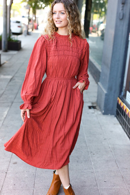 Love Found Rust Mock Neck Embossed Lined Dress - Bitsy Gypsy Boutique