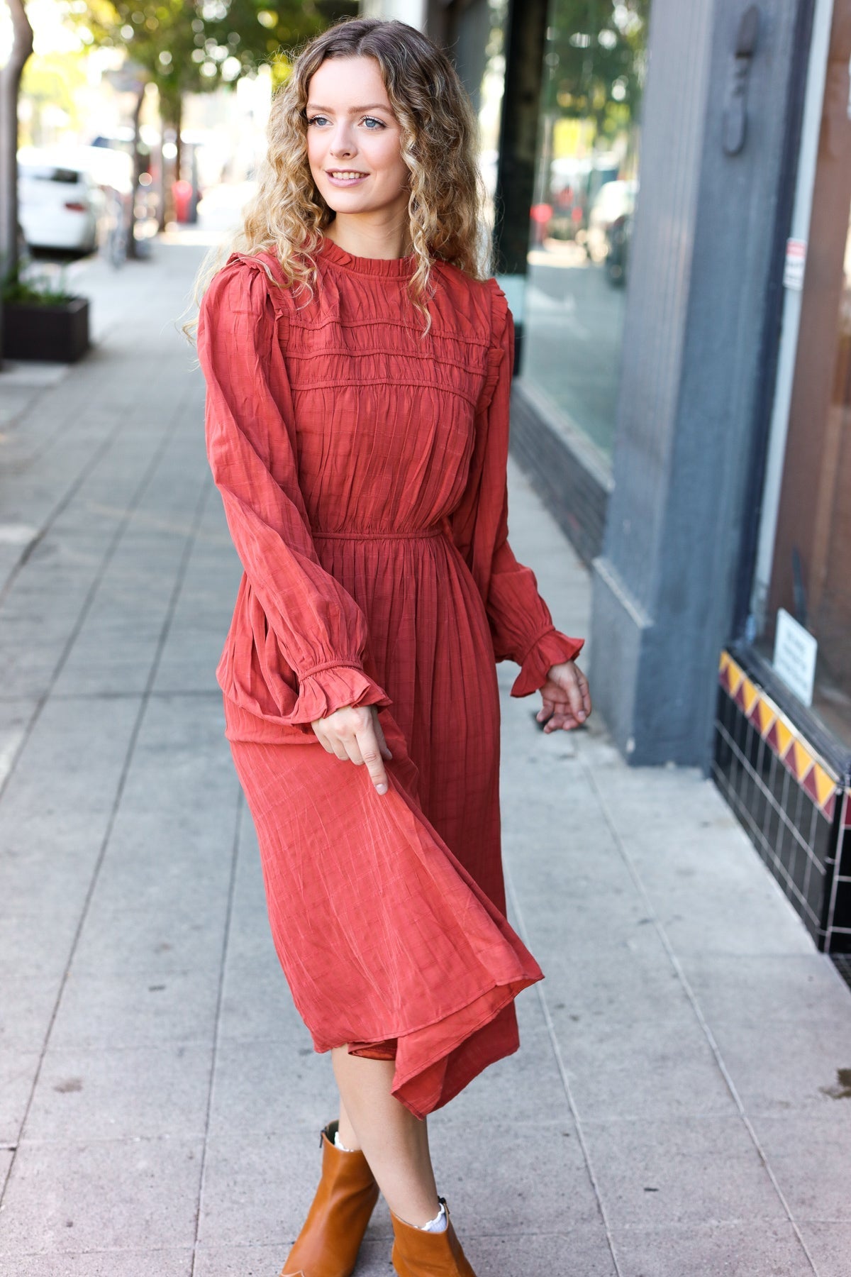 Love Found Rust Mock Neck Embossed Lined Dress - Bitsy Gypsy Boutique