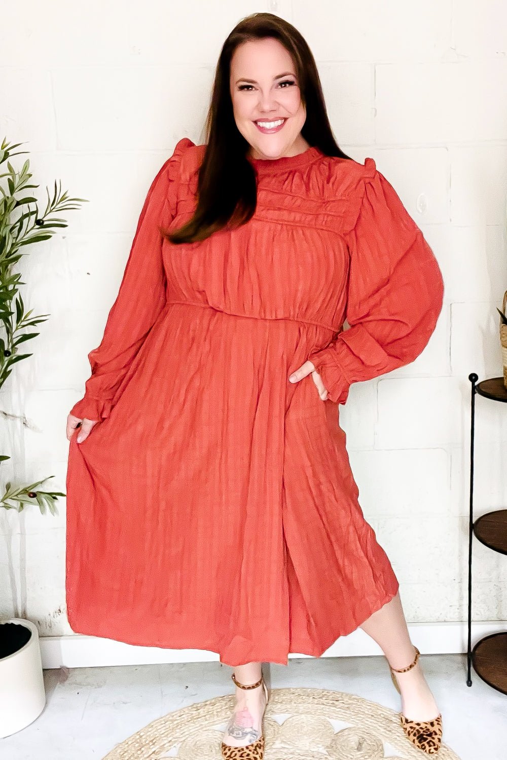 Love Found Rust Mock Neck Embossed Lined Dress - Bitsy Gypsy Boutique