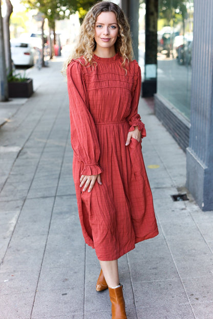 Love Found Rust Mock Neck Embossed Lined Dress - Bitsy Gypsy Boutique