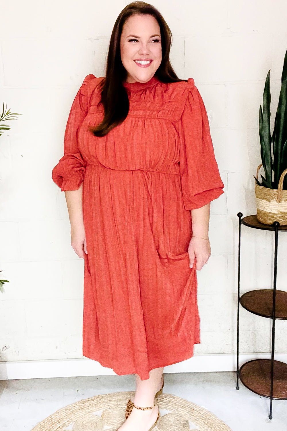 Love Found Rust Mock Neck Embossed Lined Dress - Bitsy Gypsy Boutique