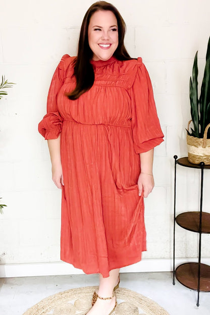 Love Found Rust Mock Neck Embossed Lined Dress - Bitsy Gypsy Boutique