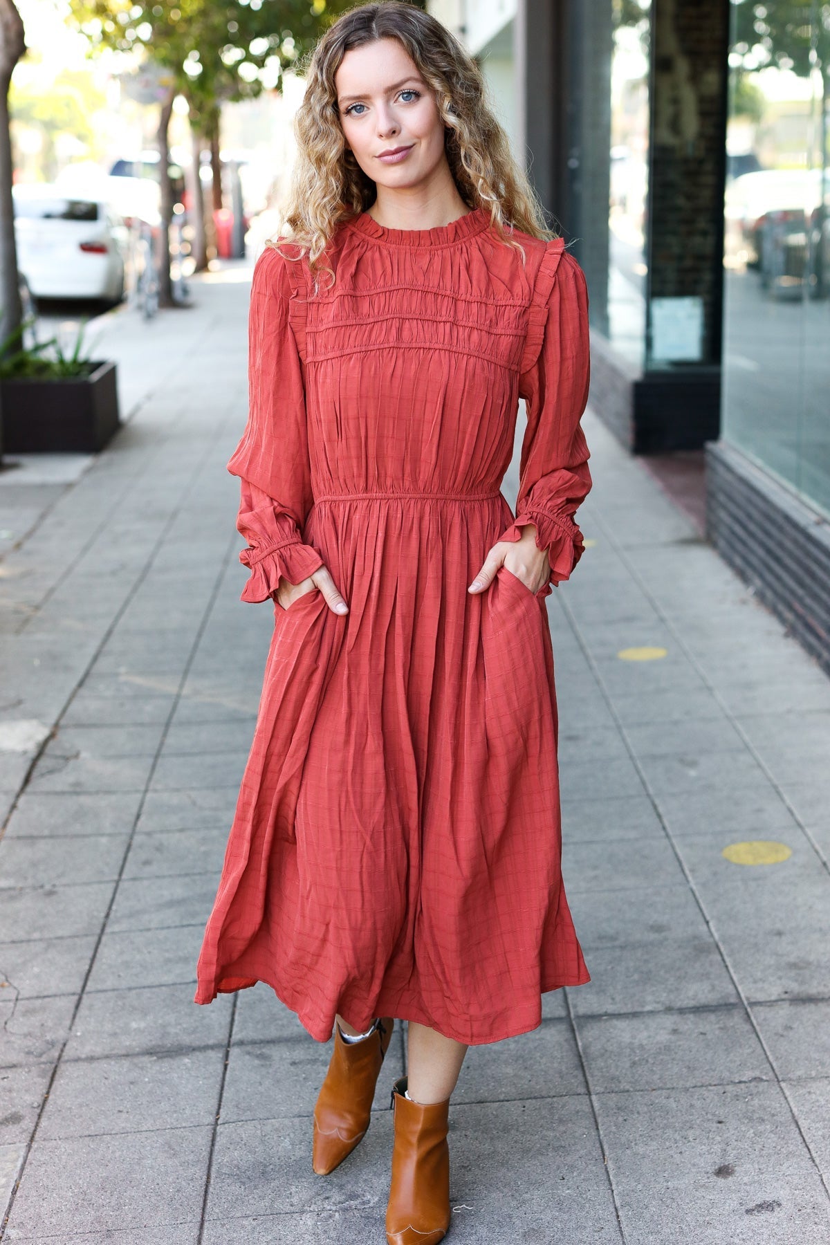 Love Found Rust Mock Neck Embossed Lined Dress - Bitsy Gypsy Boutique