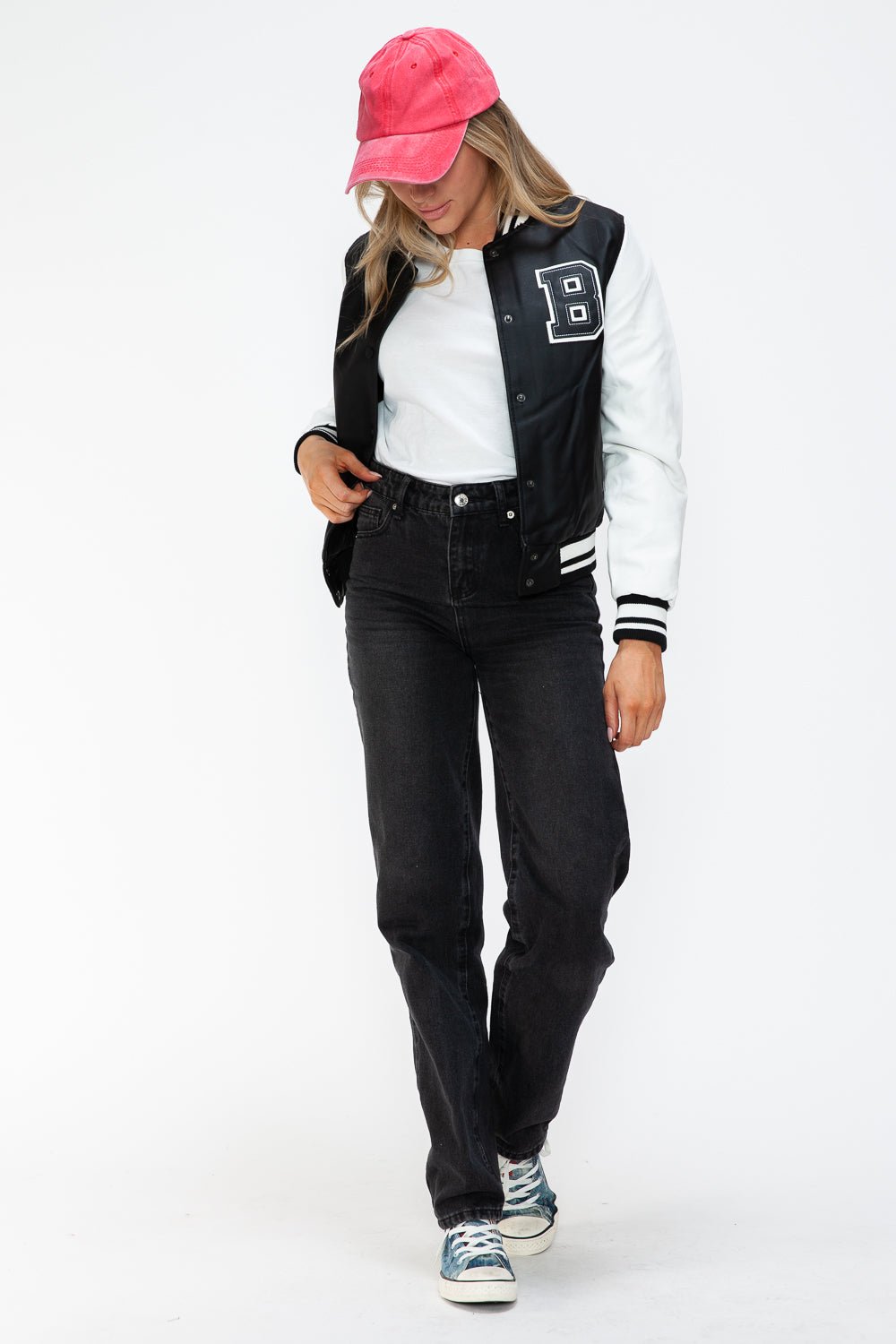 Love Me Now PU Leather Contrast Snap Down Bomber Jacket - Bitsy Gypsy Boutique
