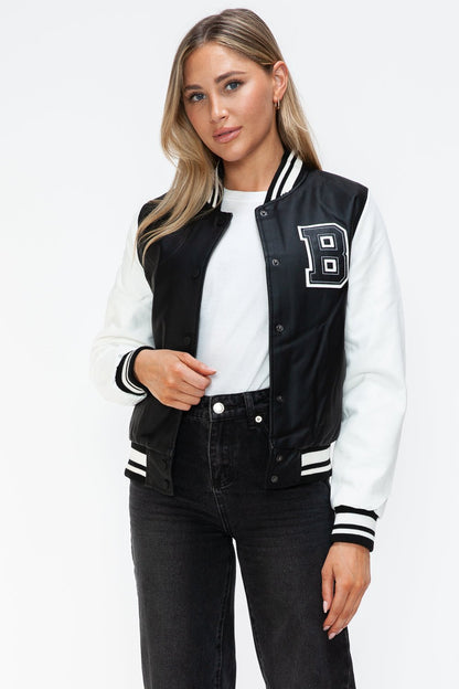 Love Me Now PU Leather Contrast Snap Down Bomber Jacket - Bitsy Gypsy Boutique