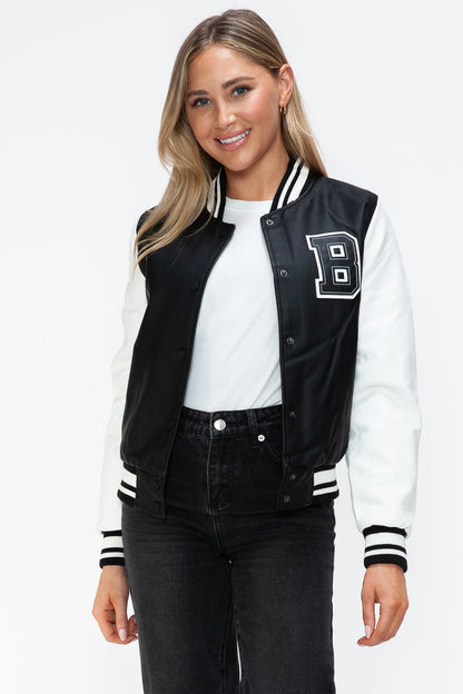Love Me Now PU Leather Contrast Snap Down Bomber Jacket - Bitsy Gypsy Boutique