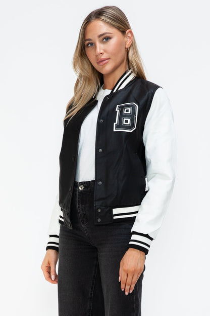 Love Me Now PU Leather Contrast Snap Down Bomber Jacket - Bitsy Gypsy Boutique
