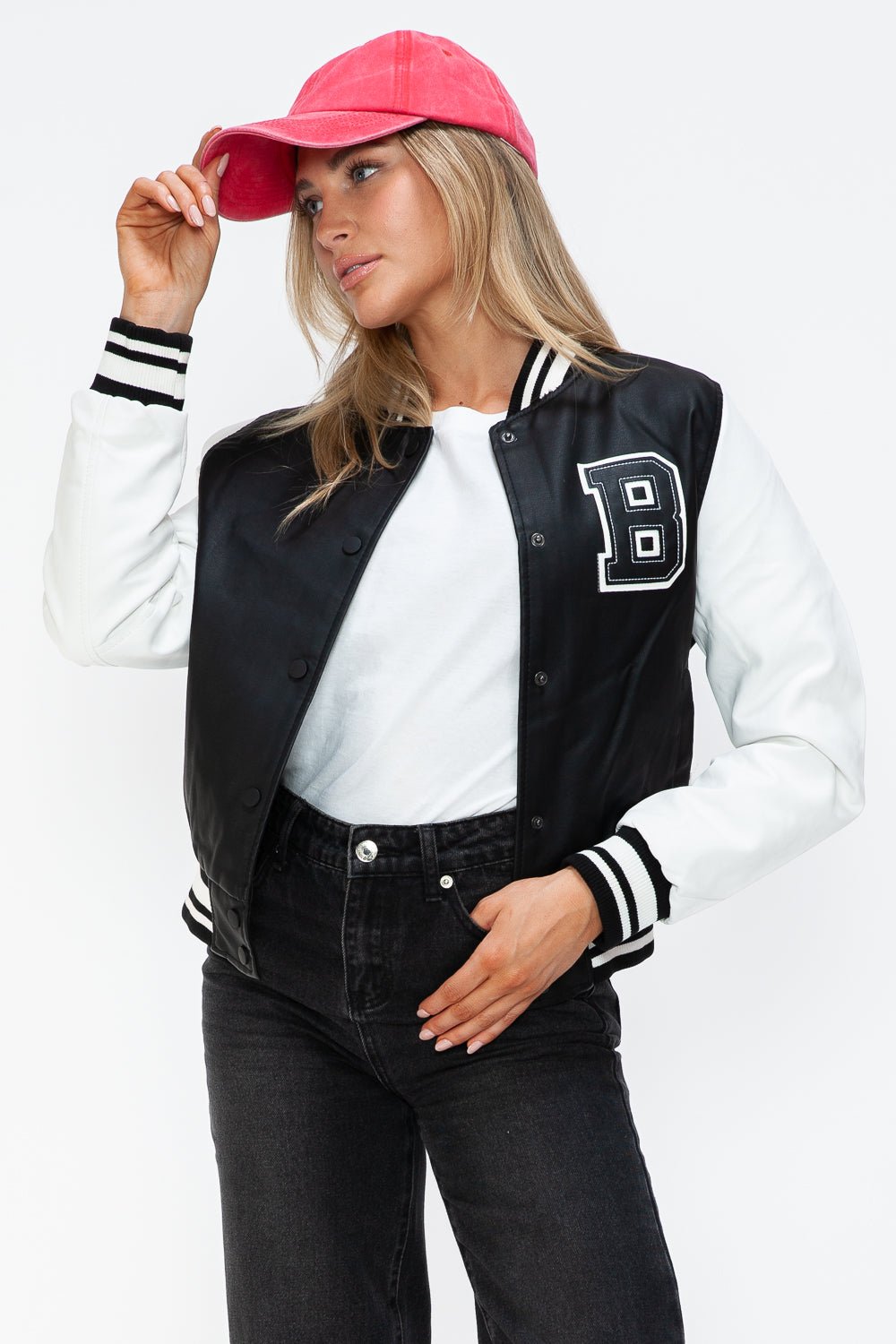 Love Me Now PU Leather Contrast Snap Down Bomber Jacket - Bitsy Gypsy Boutique
