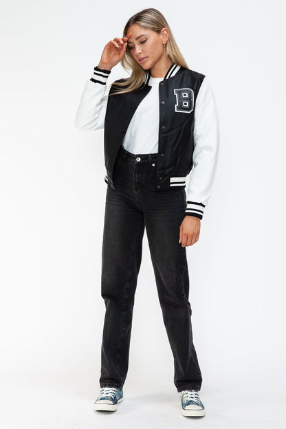 Love Me Now PU Leather Contrast Snap Down Bomber Jacket - Bitsy Gypsy Boutique