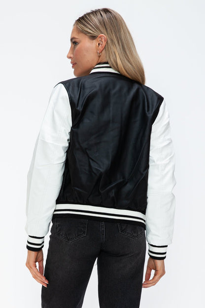 Love Me Now PU Leather Contrast Snap Down Bomber Jacket - Bitsy Gypsy Boutique