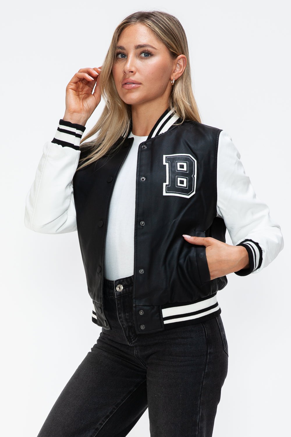 Love Me Now PU Leather Contrast Snap Down Bomber Jacket - Bitsy Gypsy Boutique
