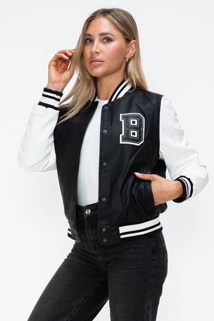 Love Me Now PU Leather Contrast Snap Down Bomber Jacket - Bitsy Gypsy Boutique