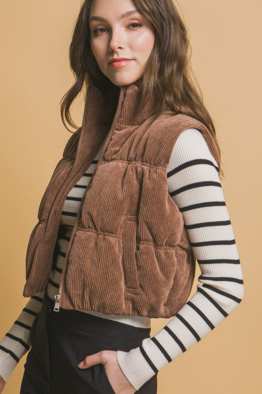 Love Tree Corduroy Zip Up Puffer Vest with Pockets - Bitsy Gypsy Boutique