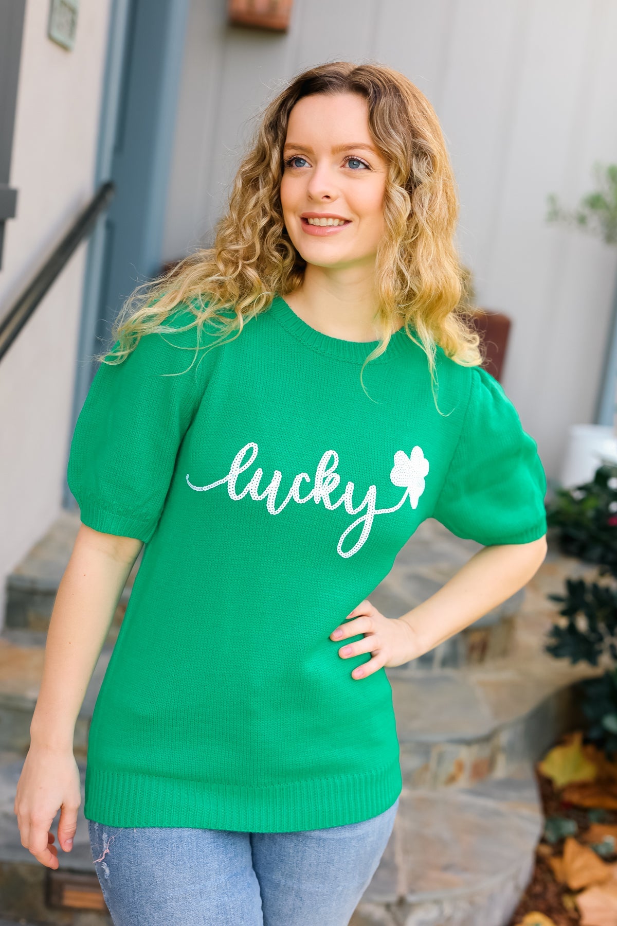 Lucky Lady Shamrock Green Sequin Puff Sleeve Knit Top - Bitsy Gypsy Boutique