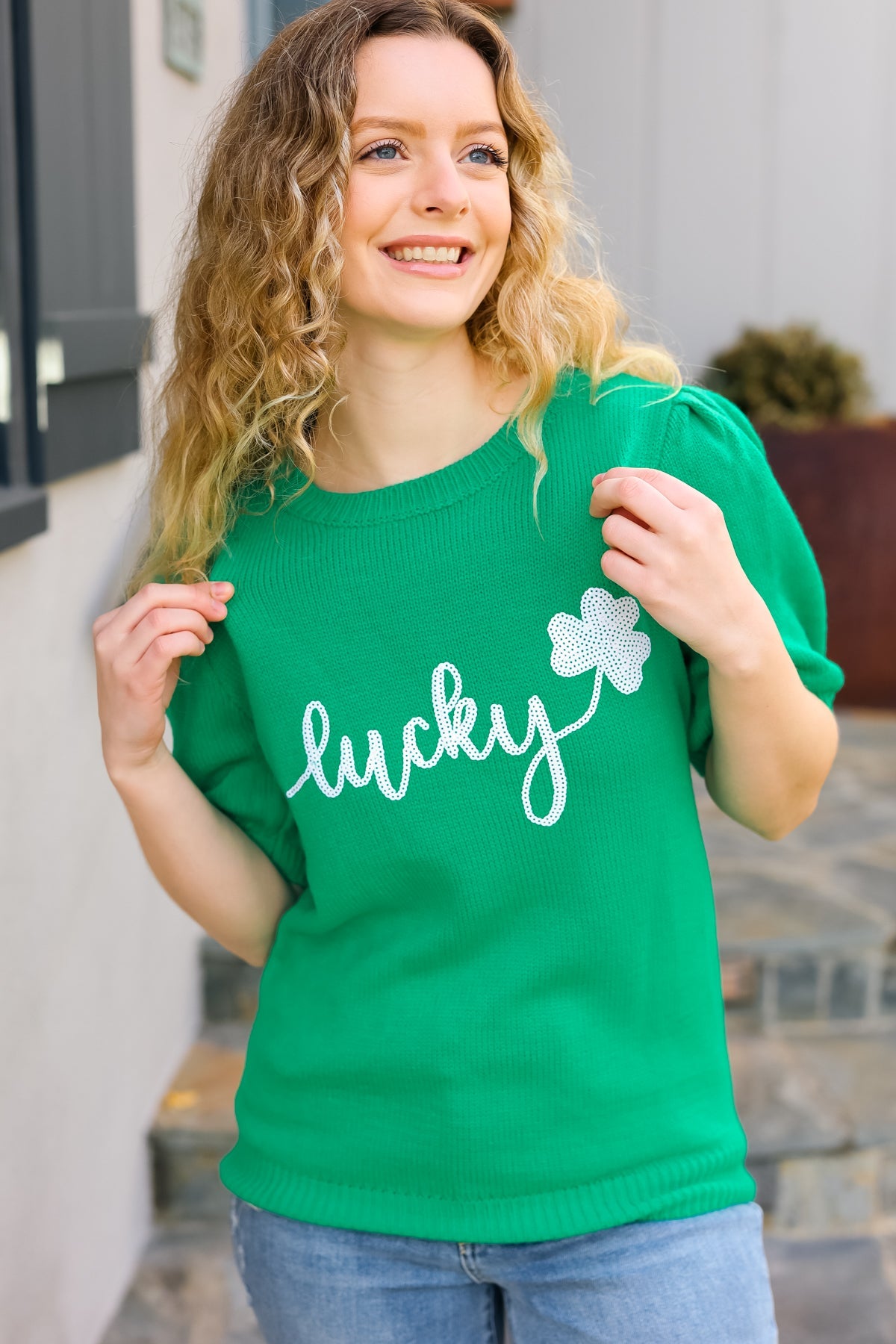 Lucky Lady Shamrock Green Sequin Puff Sleeve Knit Top - Bitsy Gypsy Boutique