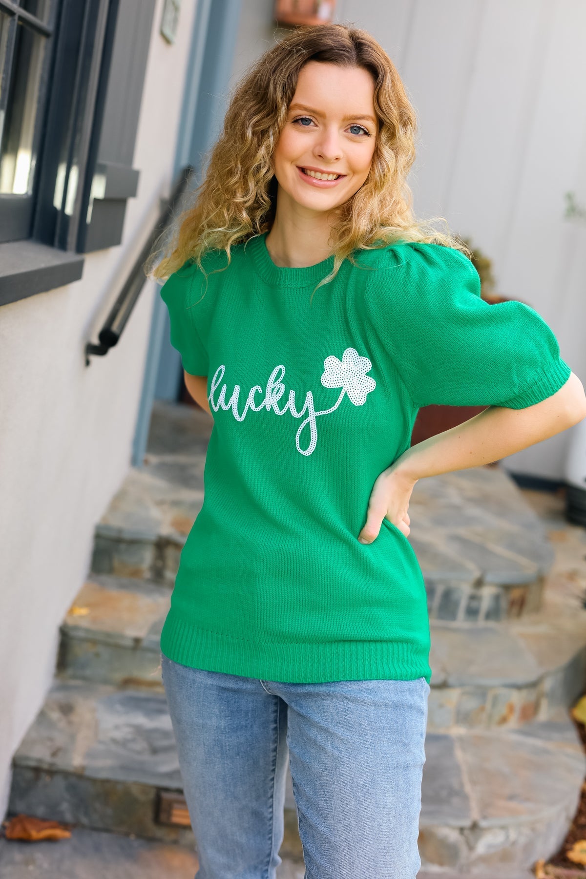 Lucky Lady Shamrock Green Sequin Puff Sleeve Knit Top - Bitsy Gypsy Boutique