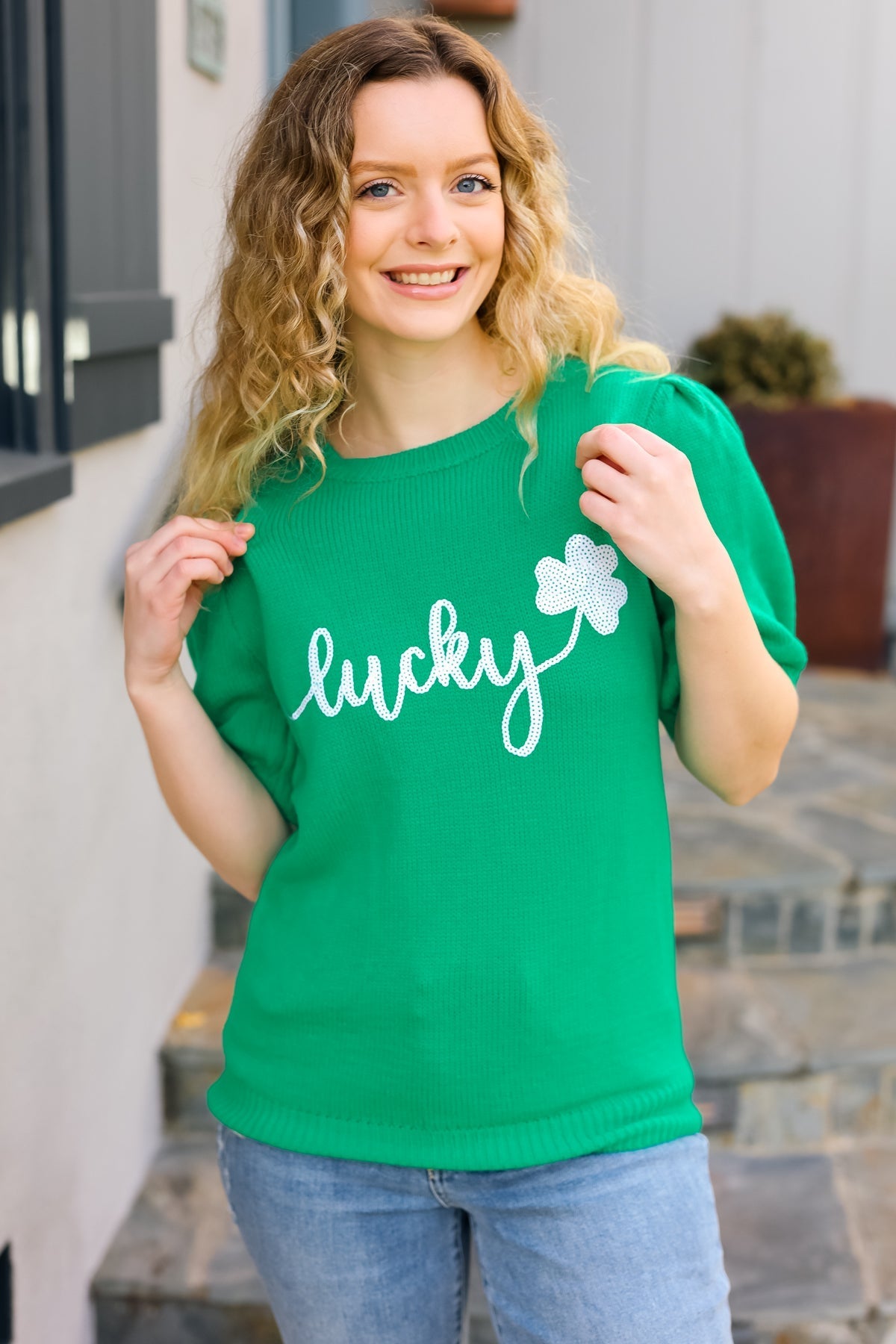 Lucky Lady Shamrock Green Sequin Puff Sleeve Knit Top - Bitsy Gypsy Boutique