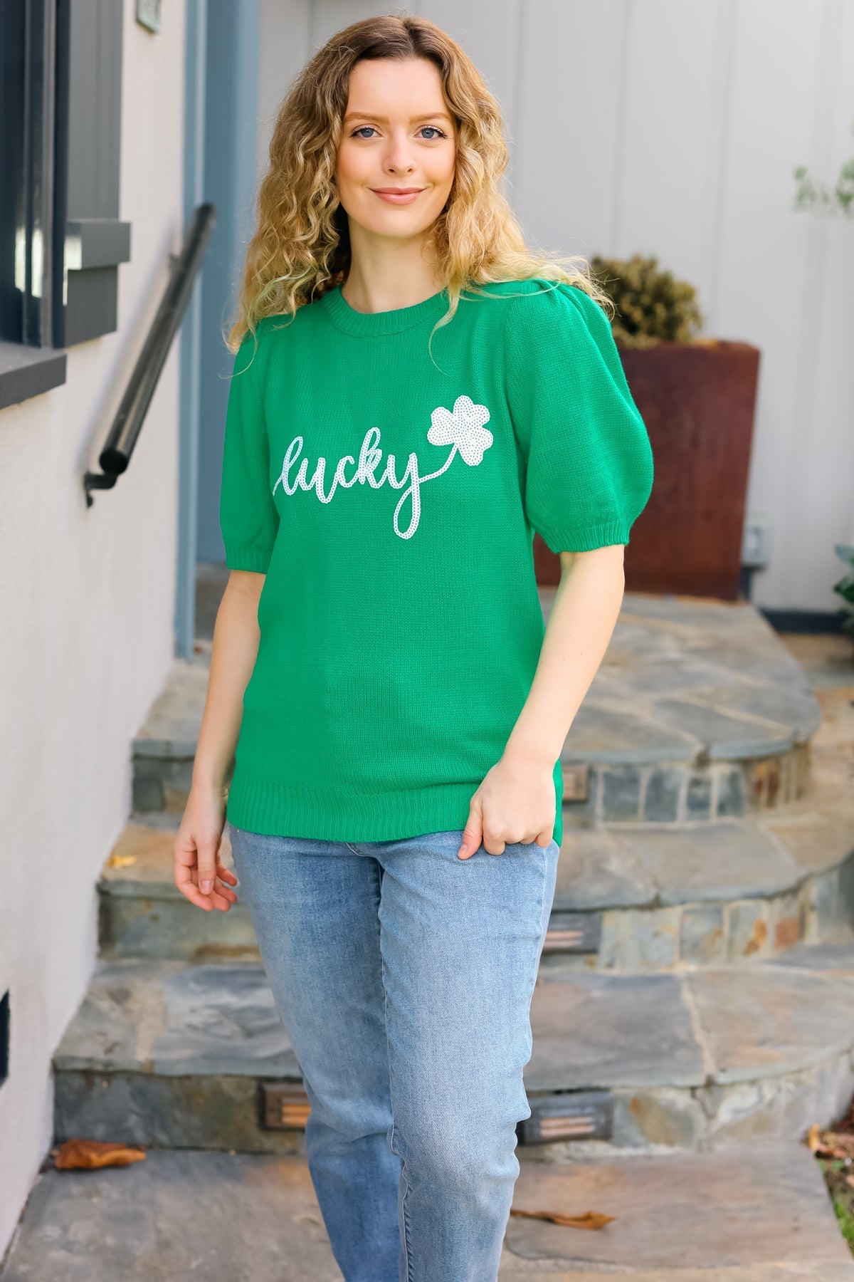 Lucky Lady Shamrock Green Sequin Puff Sleeve Knit Top - Bitsy Gypsy Boutique