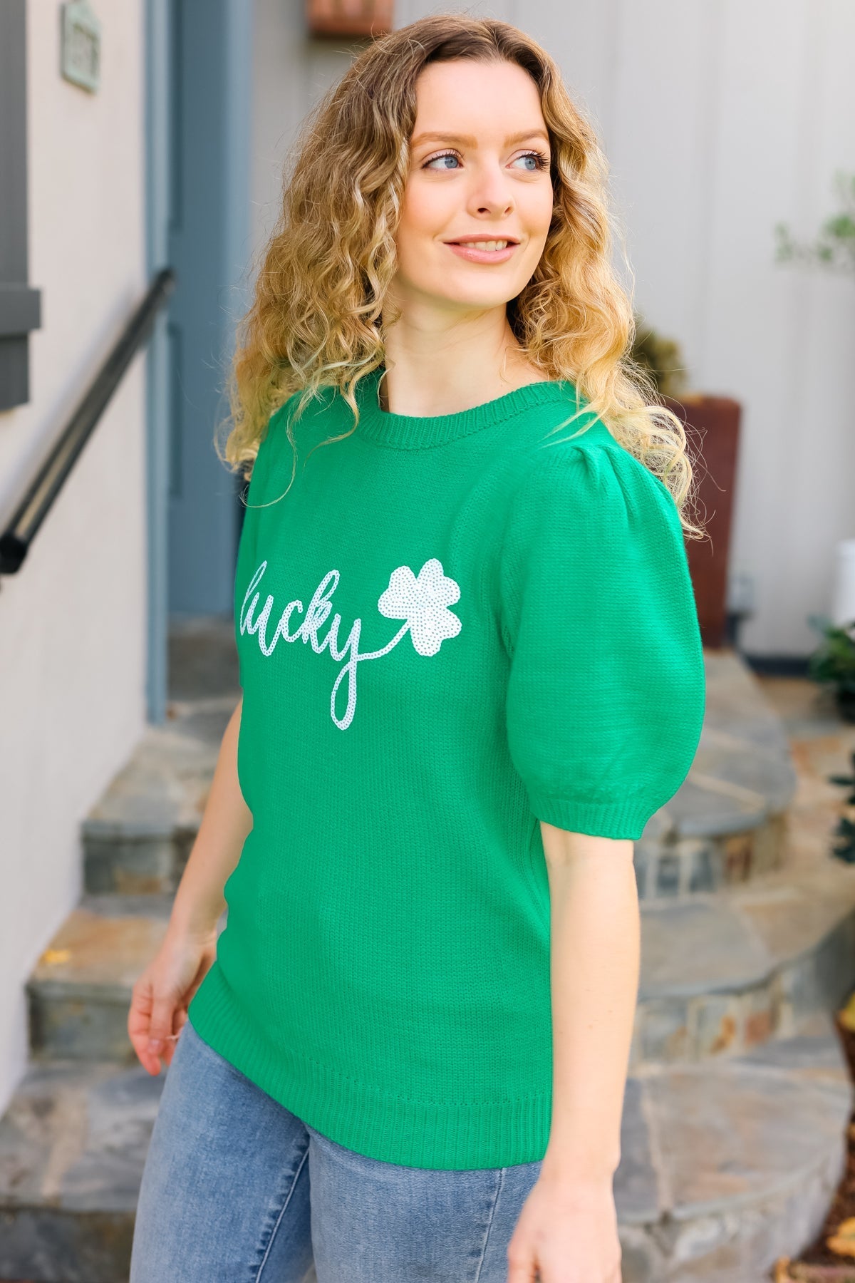 Lucky Lady Shamrock Green Sequin Puff Sleeve Knit Top - Bitsy Gypsy Boutique