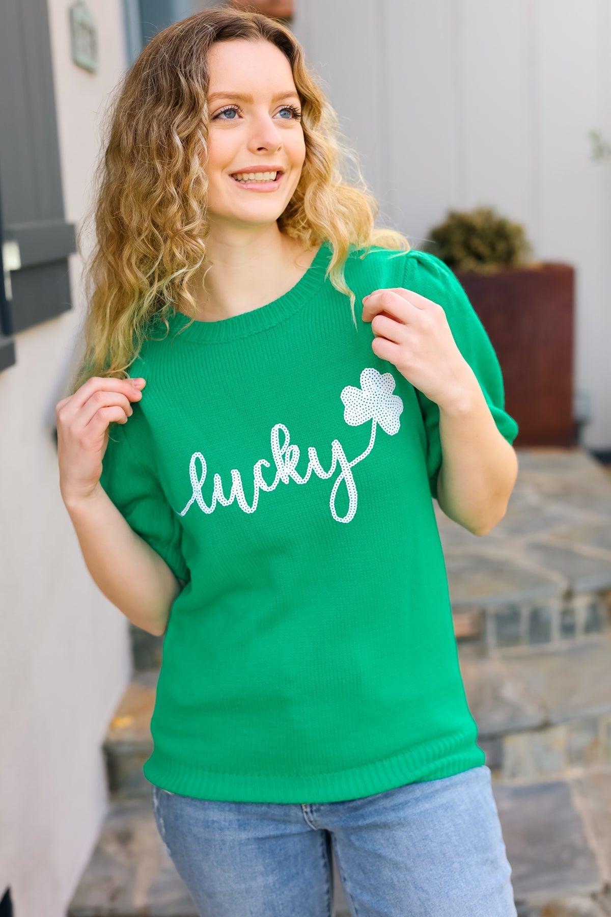 Lucky Lady Shamrock Green Sequin Puff Sleeve Knit Top - Bitsy Gypsy Boutique